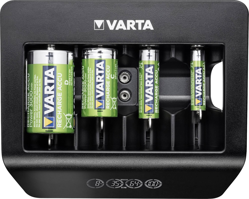 57688101401 | Bestil Varta universal med LCD display 4 timers opladnings tid - Oplader AAA, AA, C, D & batterier samt udgang