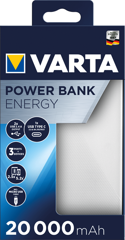 Varte Power bank i smart slim design 20000 mAh - hvid